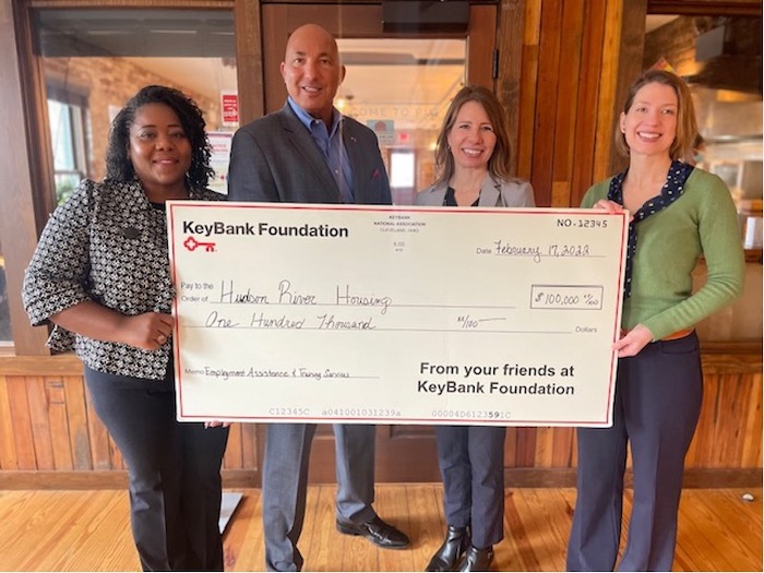 KeyBank’s Market President John Manginelli (center left) and Corporate Responsibility Officer LaKisha Jordan (left) present a $100,000 grant to Hudson Rivers Housing’s Executive Director Christa Hines (center right), and Director of Strategic Initiatives Elizabeth Druback-Celaya in support of the organization’s Employment Assistance and Training Services (EATS) program.