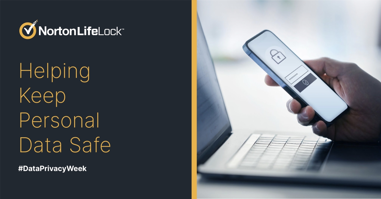 Phone screen with lock on it. Graphic Reads: NortonLifeLock Helping keep personal data safe. #dataprivacyweek