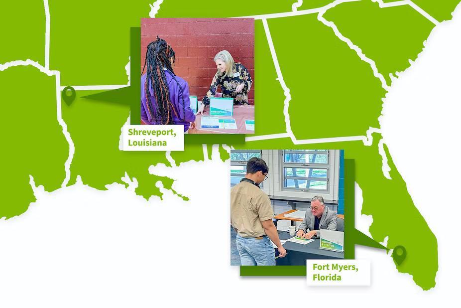 Over a map of the southeast states, two images of volunteers assisting youth.