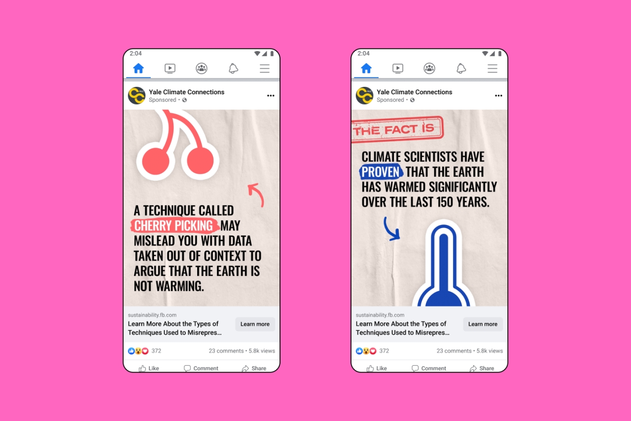 Two cell phone screens open to Yale Climate Connections posts.