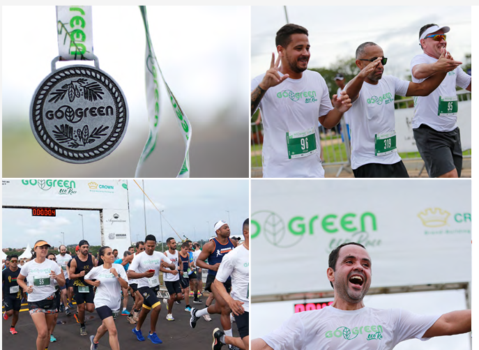 Collage of four images : a silver medal "gogreen", runners in a race, and a person celebrating while running.