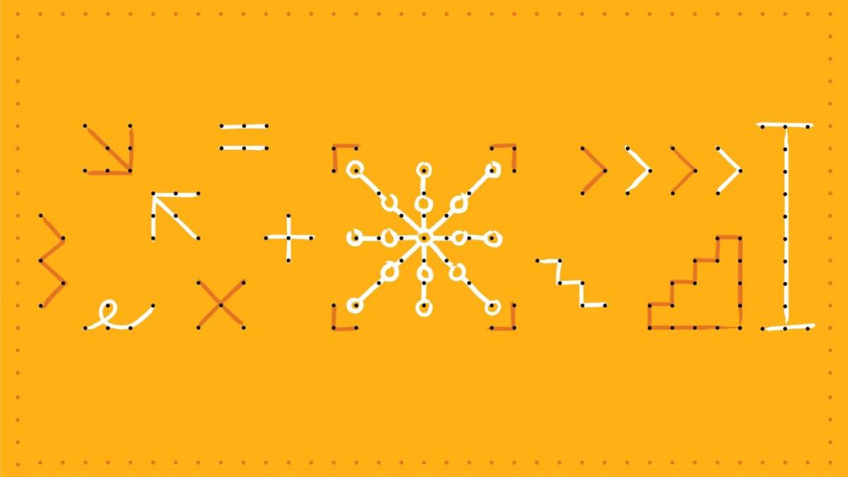 On an orange background, abstract symbols with dots and lines.