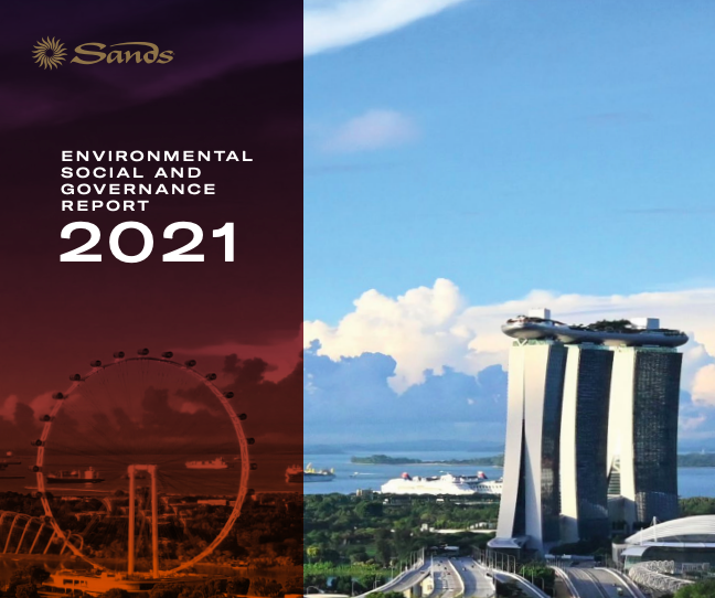 Image of hotel with text Sands Environmental, Social and Governance Report 2021