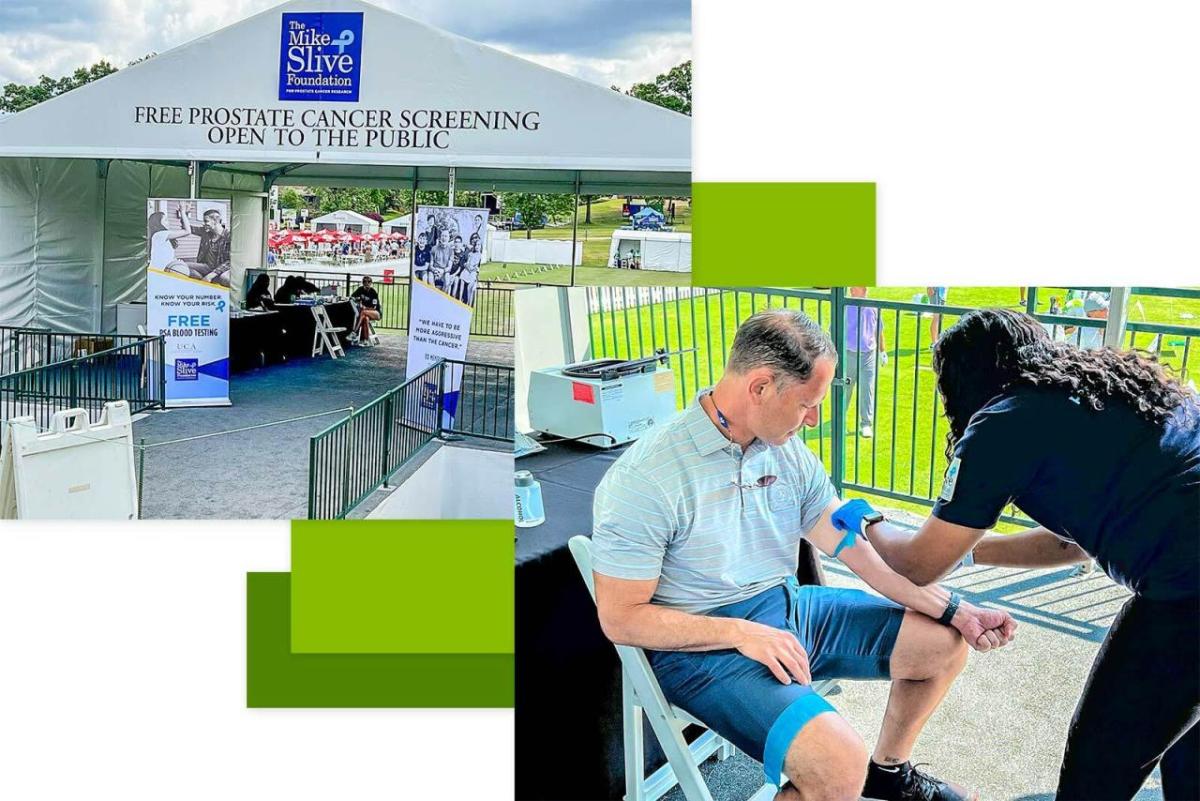 Collage of a tent "Free prostate screening" and another person getting blood drawn.