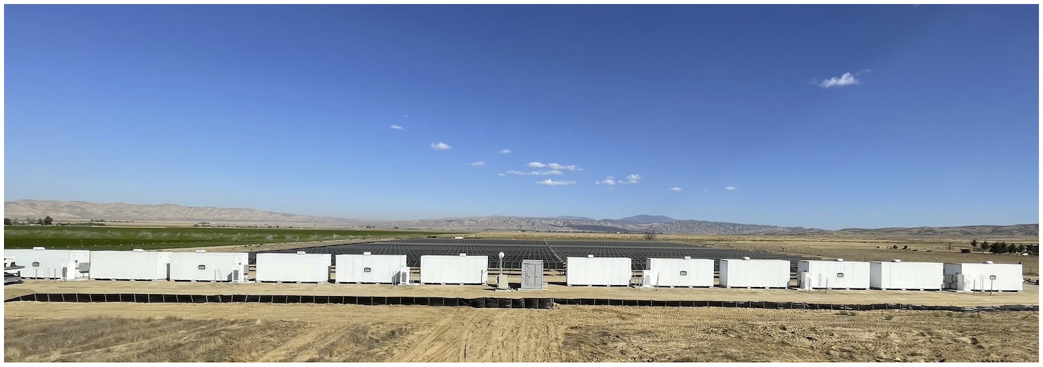 An aerial view of the second-life batteries housed in large containers at B2U Storage Solutions' SEPV Cuyama project in Santa Barbara County, California.