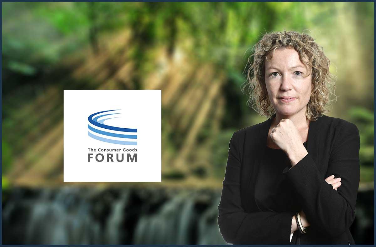 Photo of Sharon Bligh with The Consumer Goods Forum logo on the left hand side