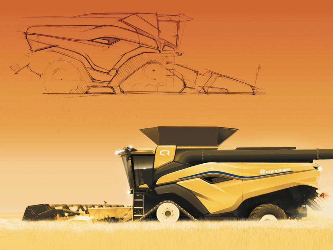 Rough sketch and digital rendering of a large farming machine