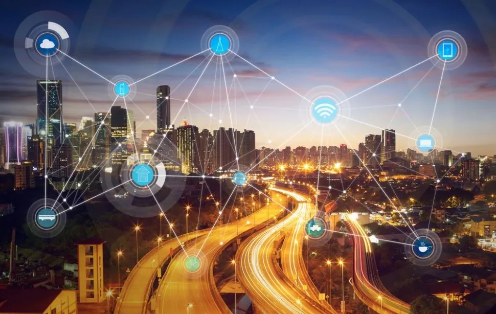 highways and cityscape with data points drawn on