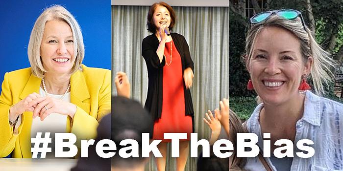 profile pics of Kim Stollar, Great Lundeberg, and Miwa Kobayashi with "#breakthebias" across the front