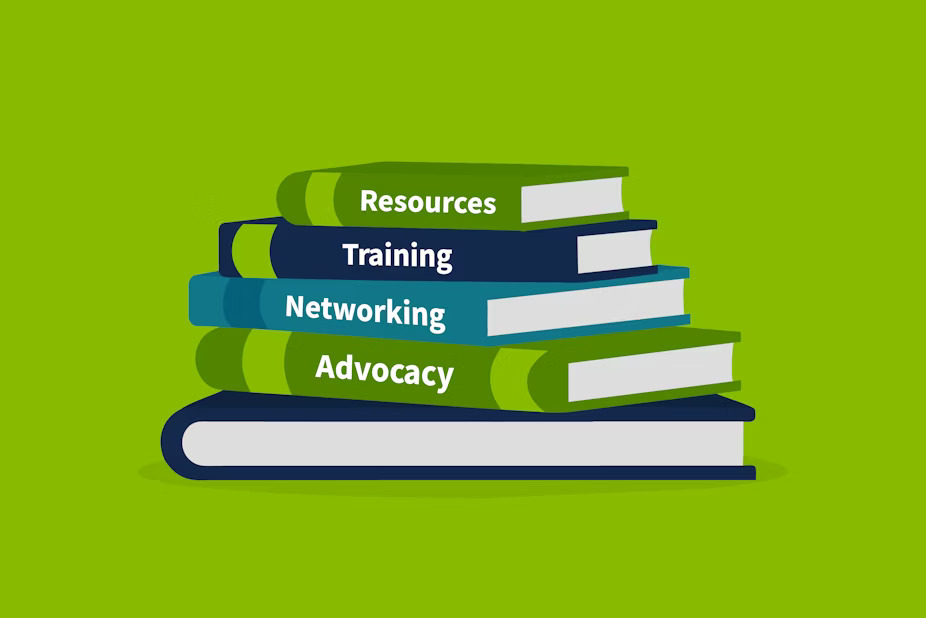 On a green background, a stack of books with titles on the spines "Resources, Training, Networking, Advocacy"