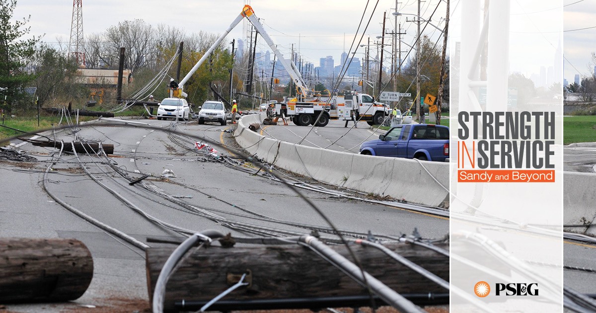 Electrical lines down on a highway with text "Strength in Service"