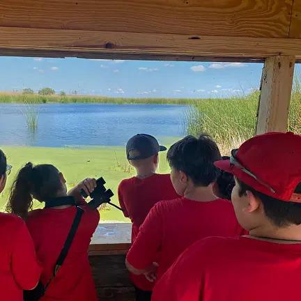 A group of children using binoculars to look out at the wetland