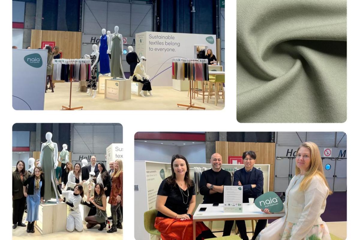 A collage of a close up of a piece of fabric, attendees at the conference.