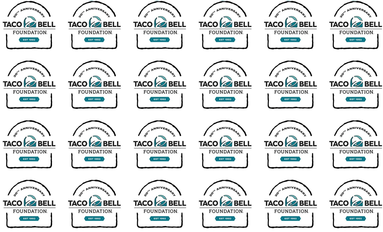 Logo "30th anniversary Taco Bell foundation est. 1992" repeated across the image