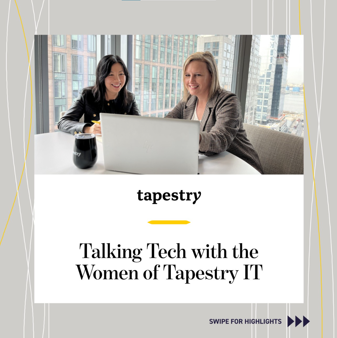 Two people seated at a table tlooking at the same laptop. "Tapestry, talking tech with the women of Tapestry IT."