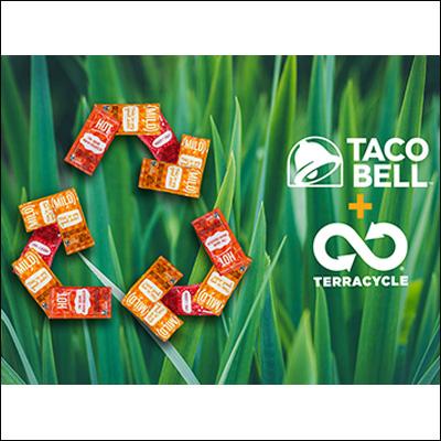 Taco bell and Terracycle logos. Sauce packets arranged on the left to form a recycle symbol.