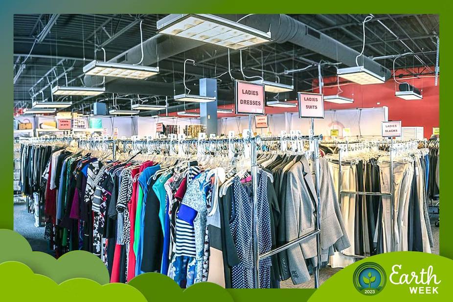 Racks of clothing on hangers. A green border and Earth Week logo in the corner.