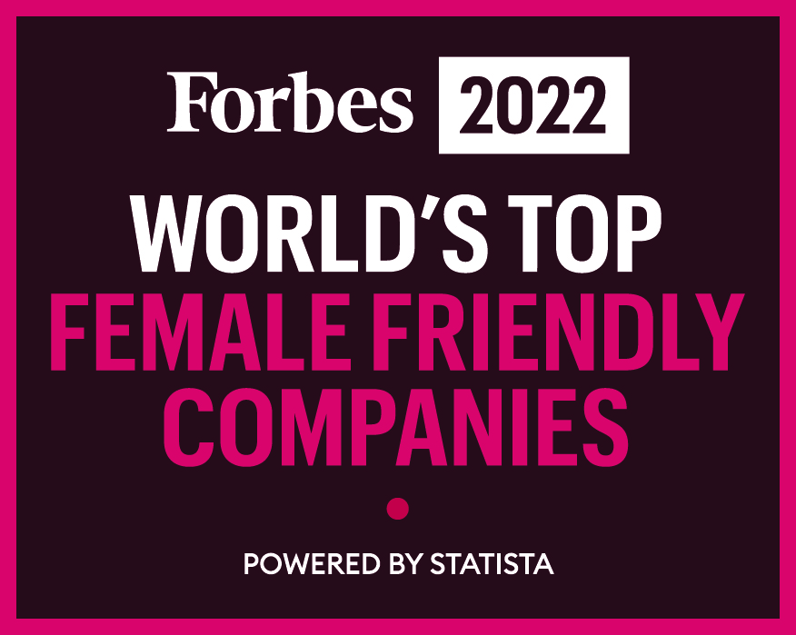 "Forbes 2022 World's Top Female Friendly Companies" "powered by statista". Pink border on black background. White and pink font.