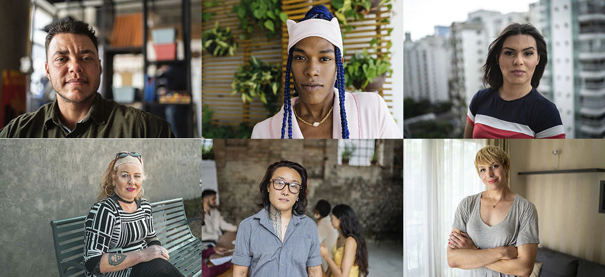 Collage of six transgender people