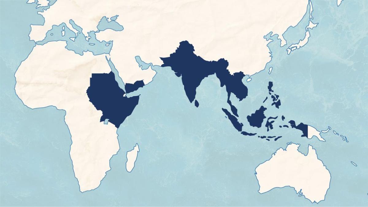 Map of the western hemisphere. Countries highlighted in blue in tropical areas.
