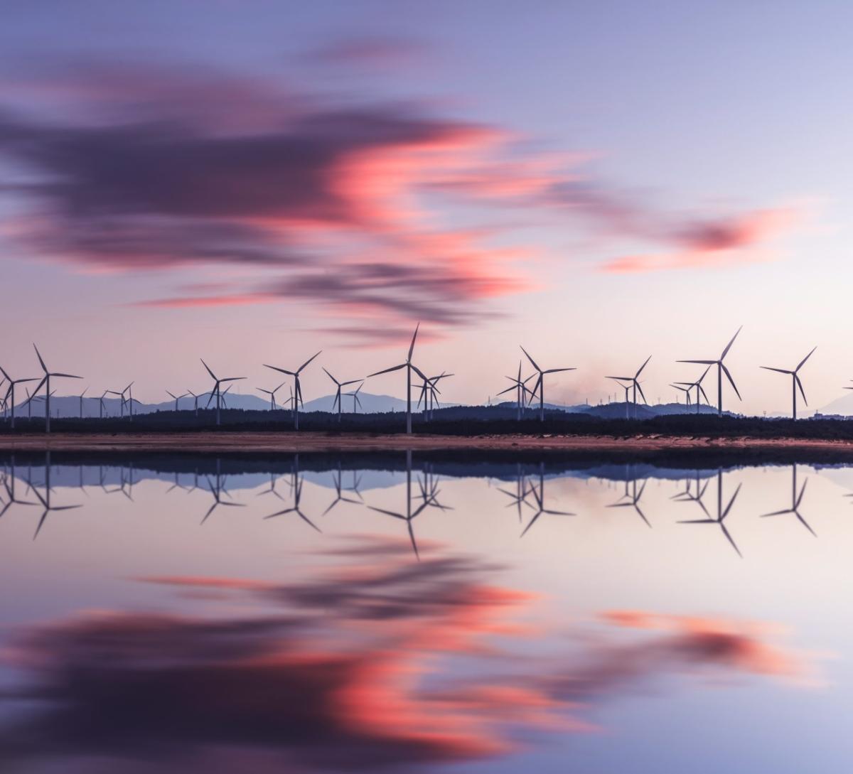 A group of wind turbines behind a body of water. The setting sun to the right.