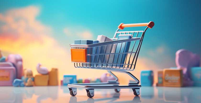 Digital rendering of a shopping cart full of products, cloudy sky background with a line of products at the horizon