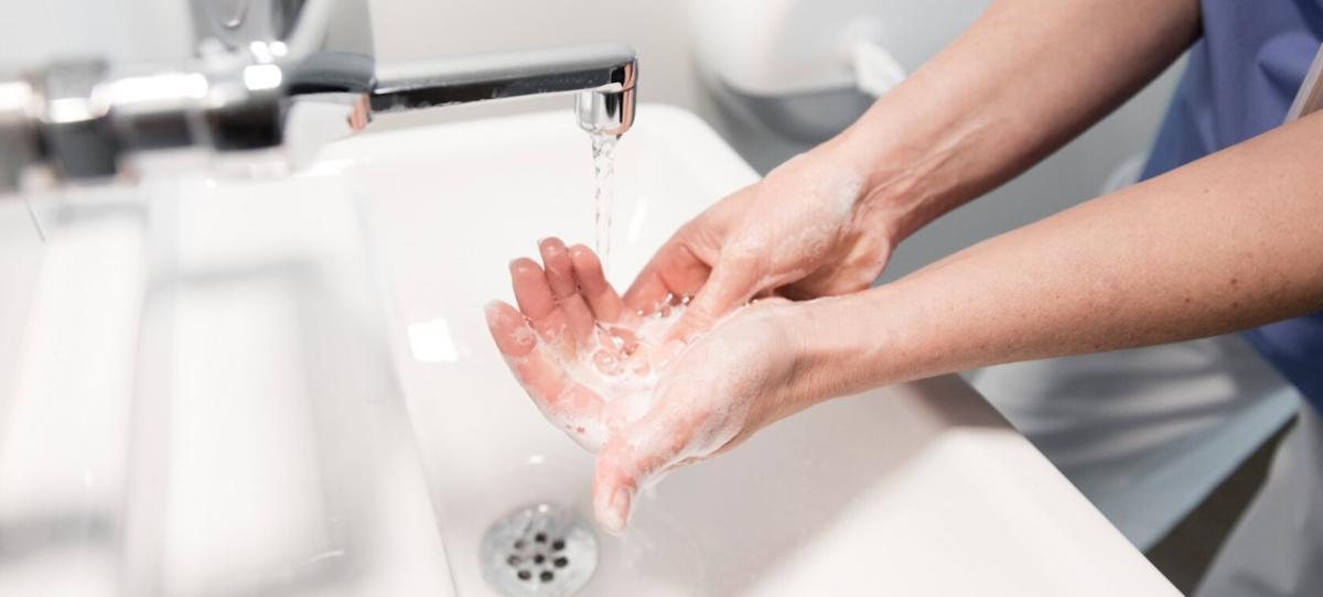 Hands being washed under a sink.