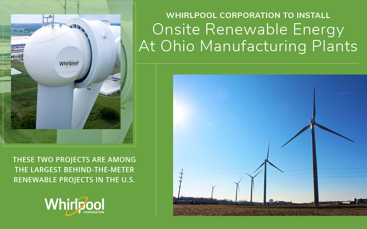 Two images of wind turbines. "Whirlpool Corporation to Install Onsite Renewable Energy At Ohio Manufacturing Plants."