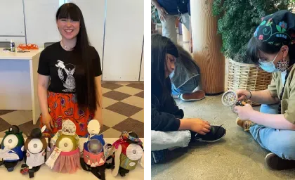 two photos, photo one is of Danielle Boyer stood behind some items they have created. Photo two is of Danielle Boyer showing a child how to make something out of craft supplies 