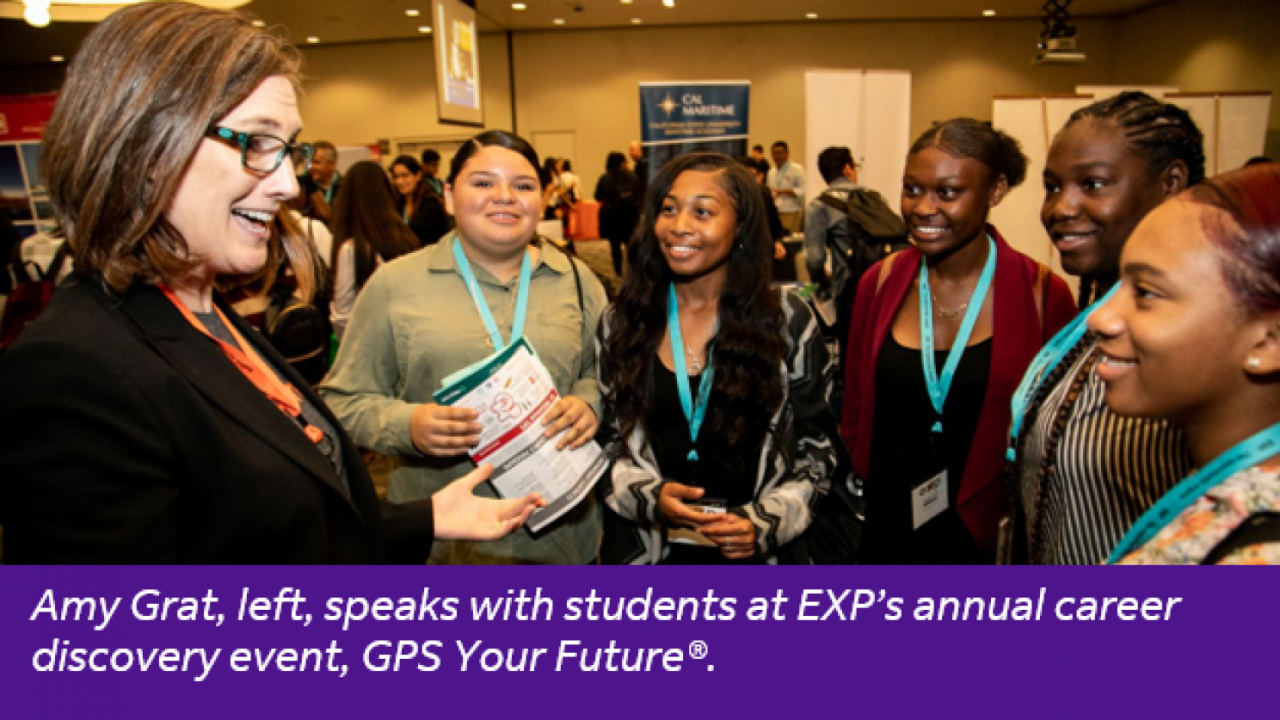 Amy Grat speaks with students at EXP's annual career discovery event, GPS Your Future