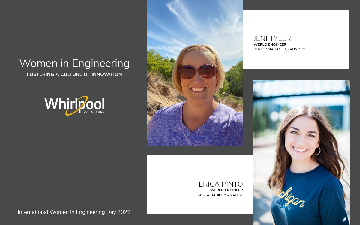 "women in engineering" and whirlpool logo. profiles of two people on the side : Jeni Tyler and Erica Pinto
