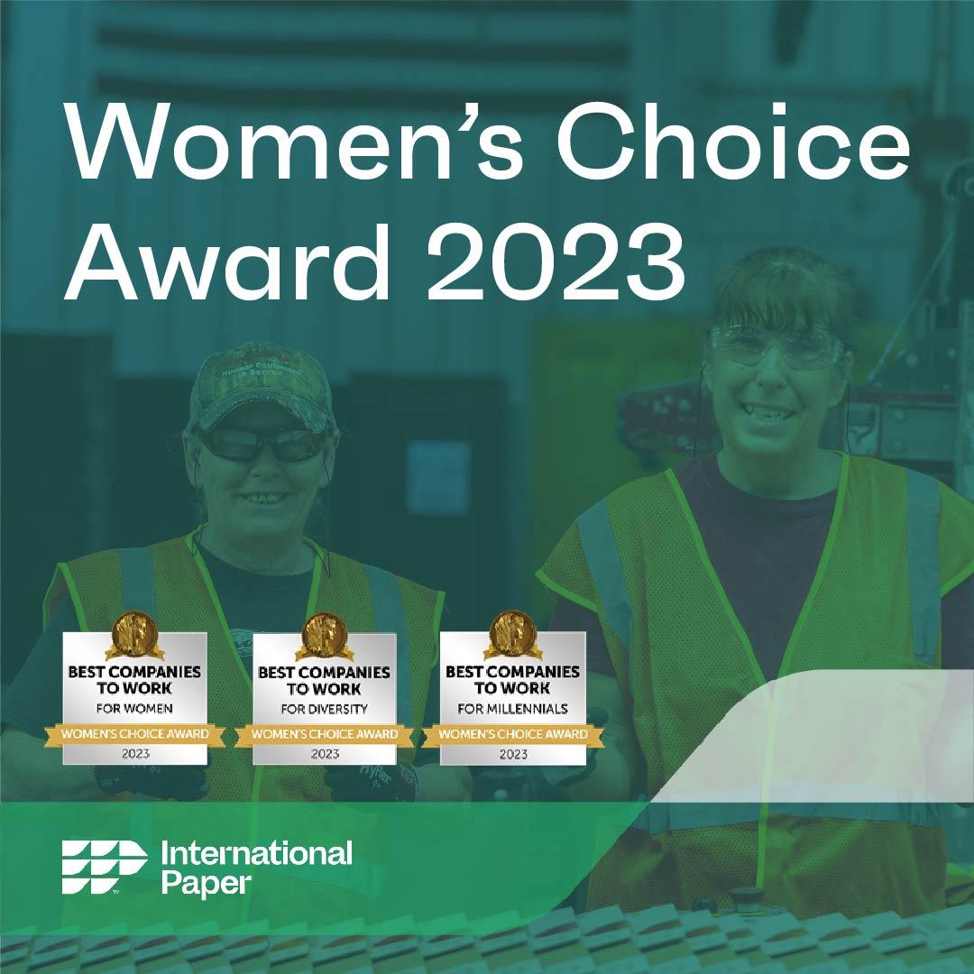 Women's Choice Award 2023 with International Paper logo and two people smiling