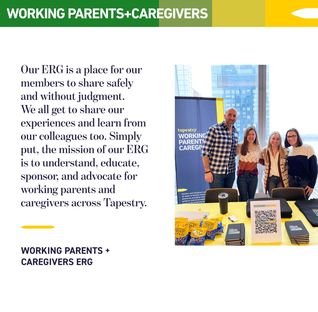 Four people standing behind a desk, in front of large windows and a banner "Tapestry Working parents and caregivers."