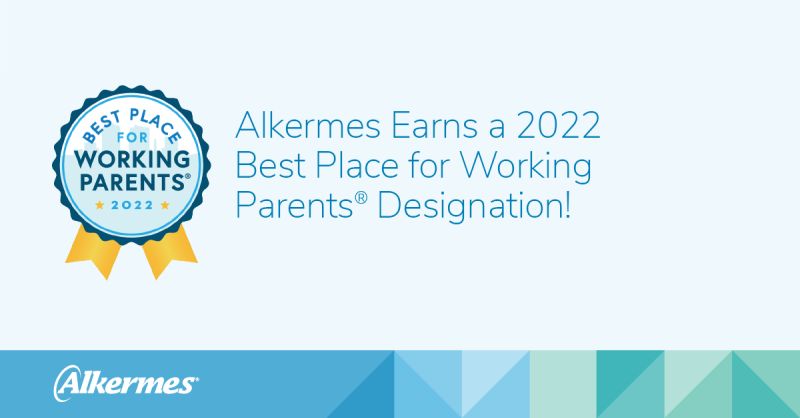 info graphic "Alkermes earns a 2022 Best Place for Working Parents Designation" Alkermes logo and award stamp