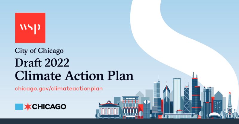 "City of Chicago Drafts 2022 Climate Action Plan", with artistic representation of a city