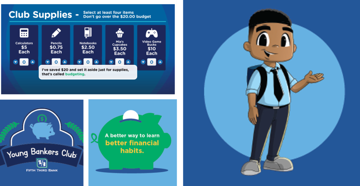 Collage of images. "Young bankers club" fifth third bank logo, a piggy bank, a digital drawn child waving with a back pack on, and "Club supplies" statistics.