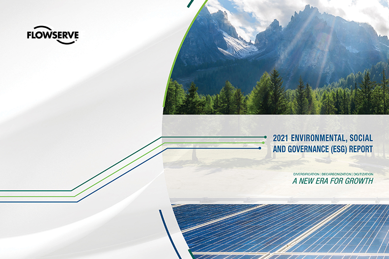 Flowserve 2021 ESG Report Cover featuring image of sun shining on mountains and trees