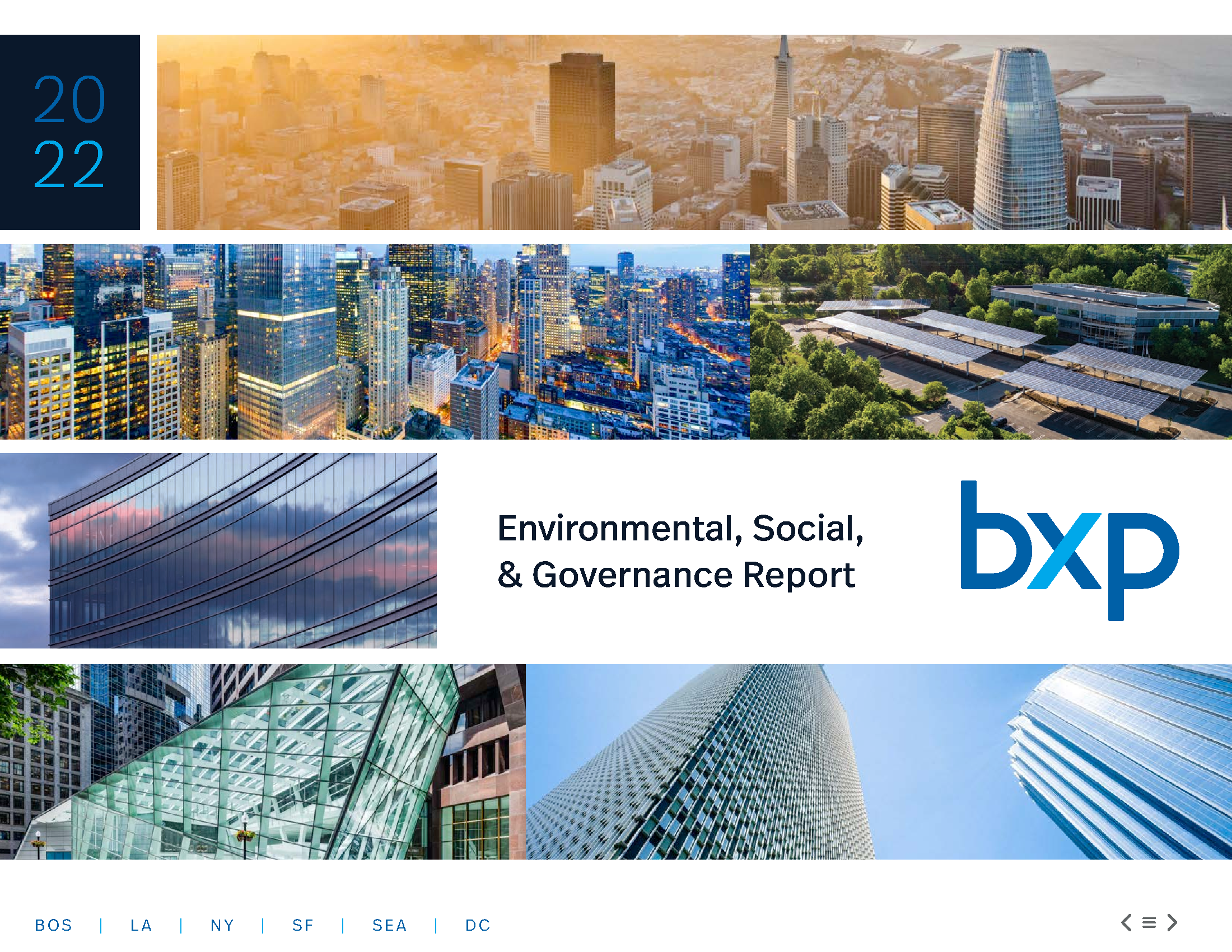 2022 bxp Environmental, Social, & Governance Report with cityscapes in background