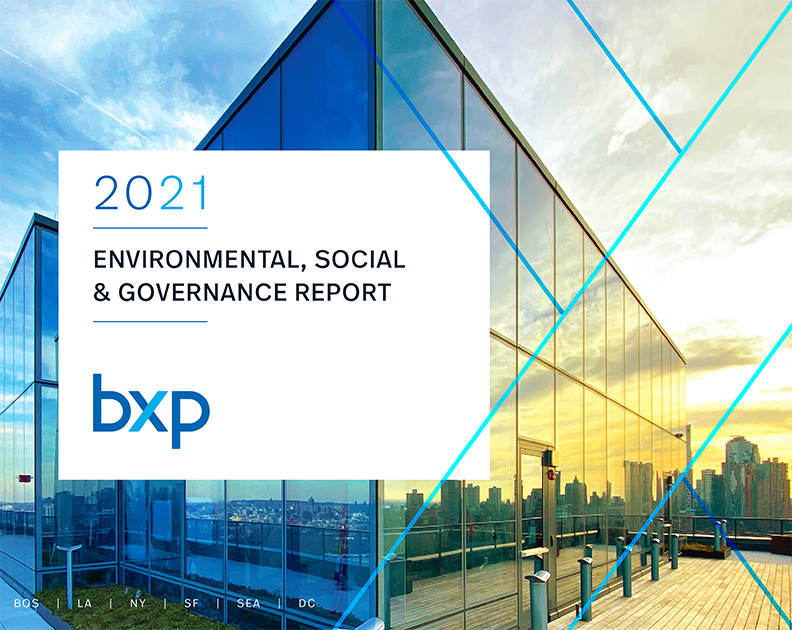 "2021 Environmental, Social, and Governance Report" with bxp logo and building in background
