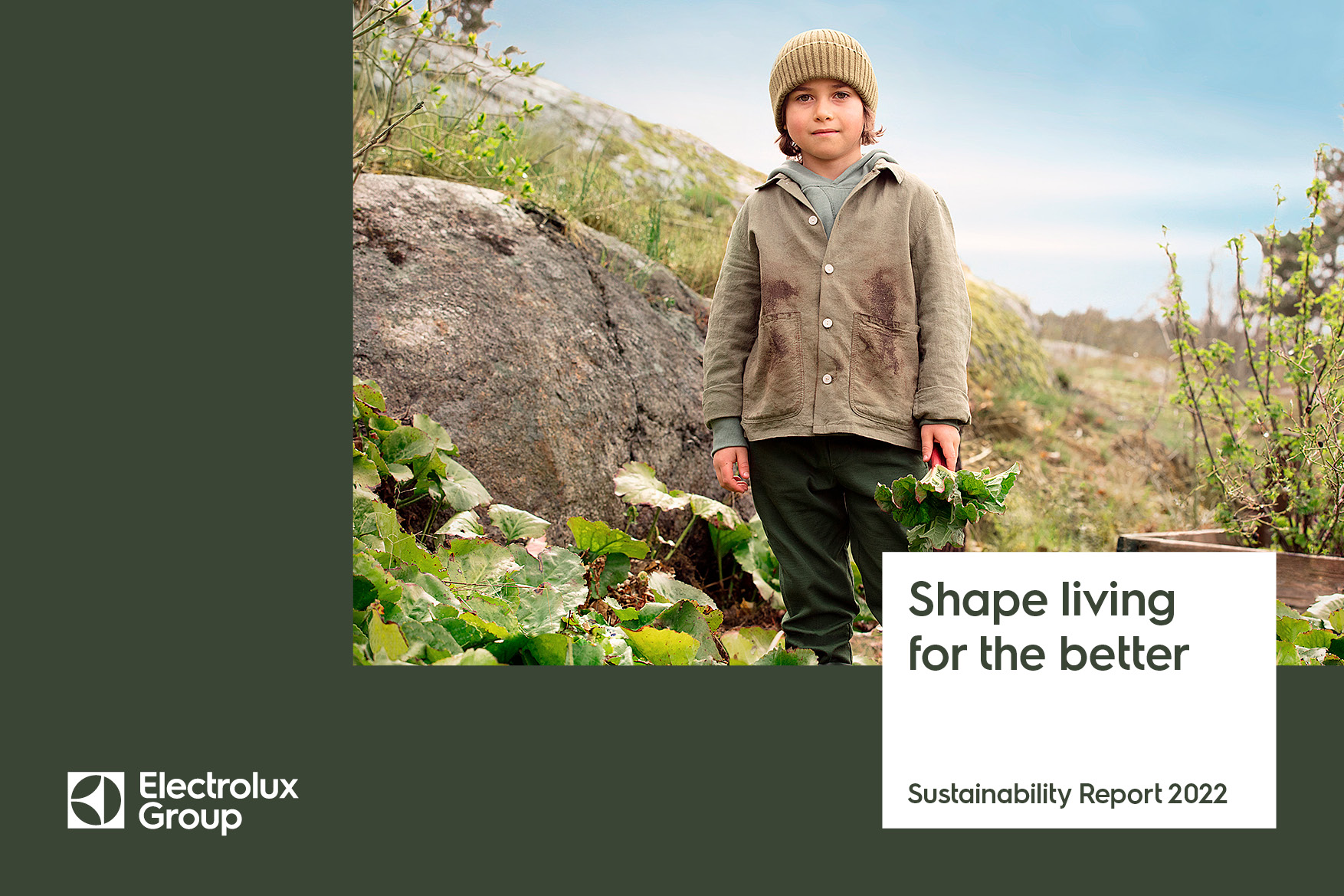 "Shape living for the better Sustainability Report 2022" with Electrolux Group logo and child