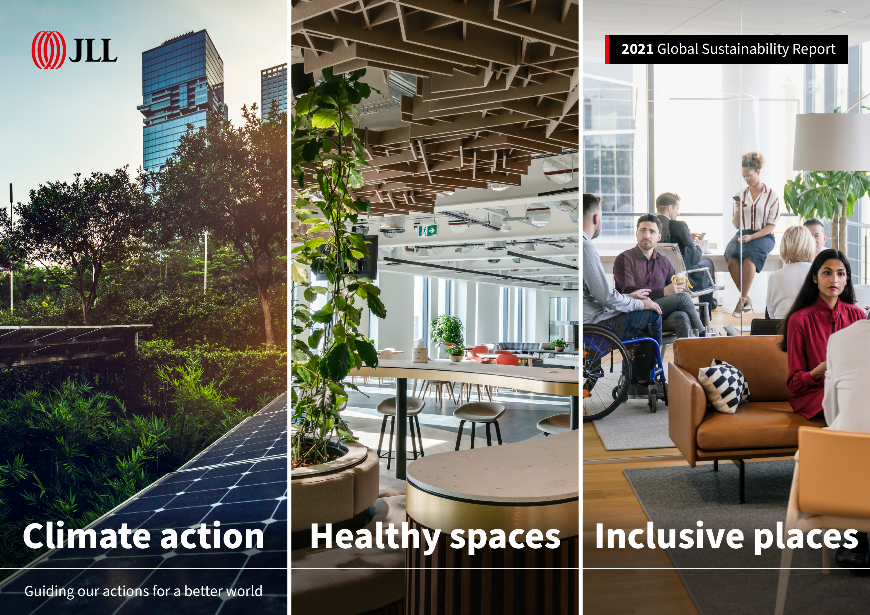"Climate action, Healthy spaces, Inclusive places" JLL Global Sustainability Report Cover