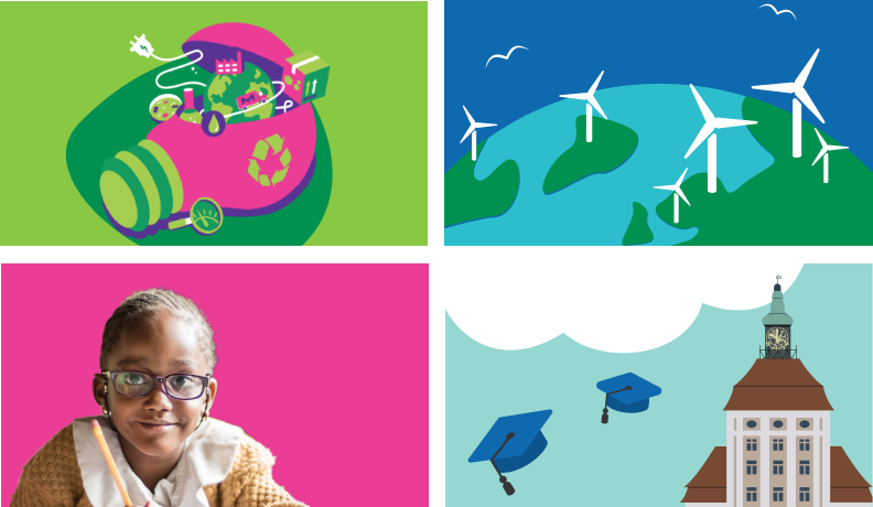 Collage of 4 Illustrations: Top left: Recycling, Top Right: wind turbines on the earth, Bottom left: child smiling, Bottom right: school with Graduation caps in the air