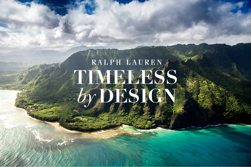 "Ralph Lauren, Timeless by Design" on image of mountain and ocean