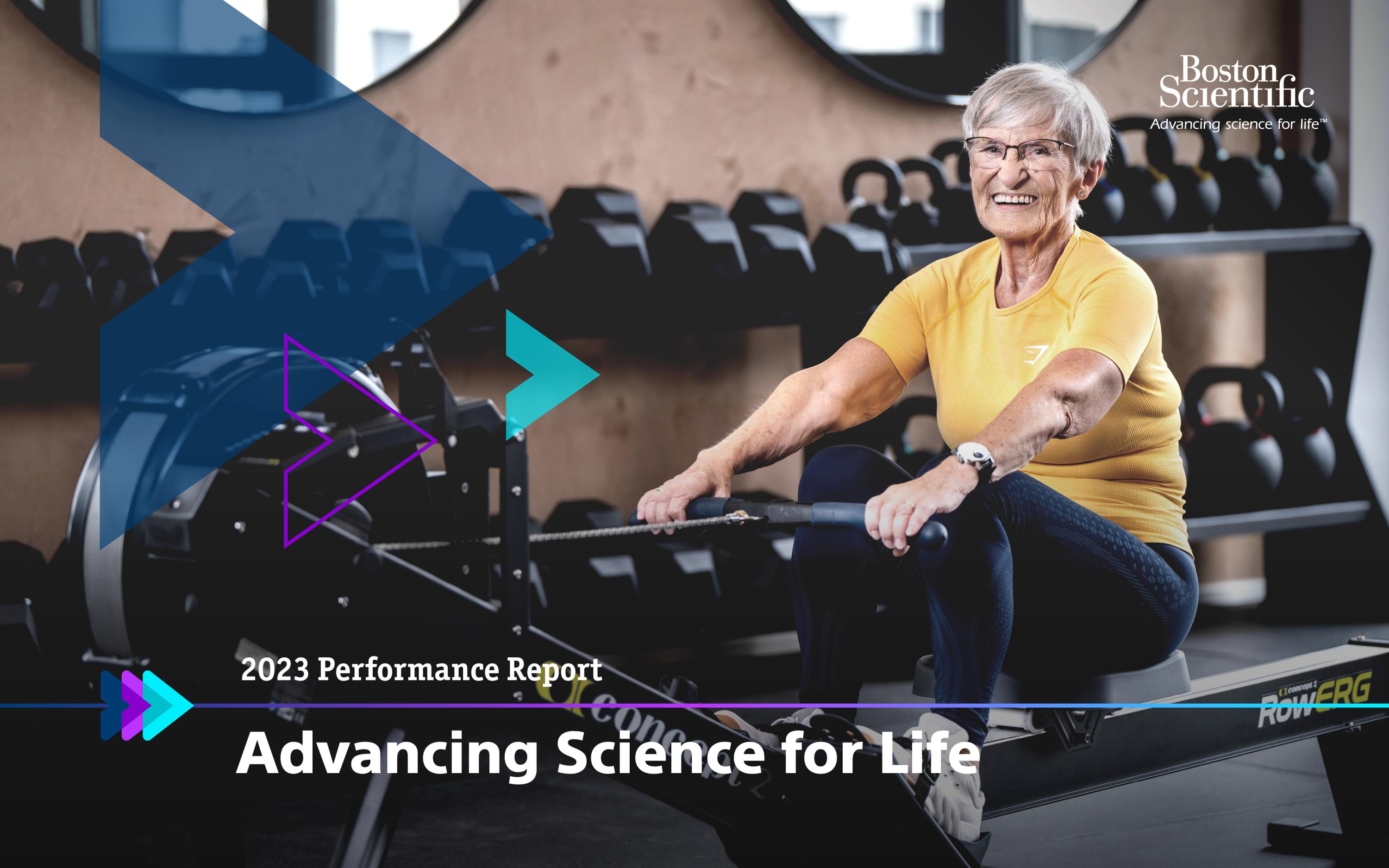 woman sitting on a rowing machine with "Advancing Science for Life"