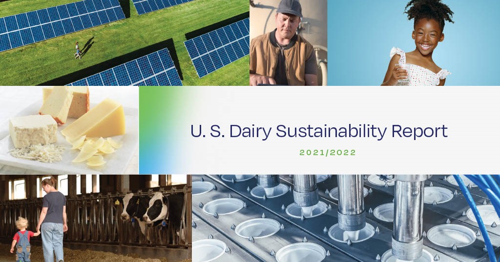 U.S. Dairy Sustainability Report cover with image of dairy cows, people, and solar panels