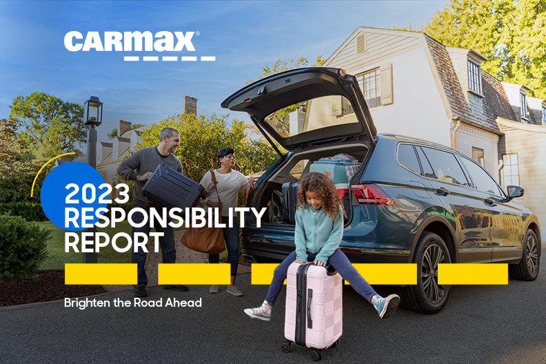 Cover of CarMax's 2023 Responsibility Report depicting a family loading up their car