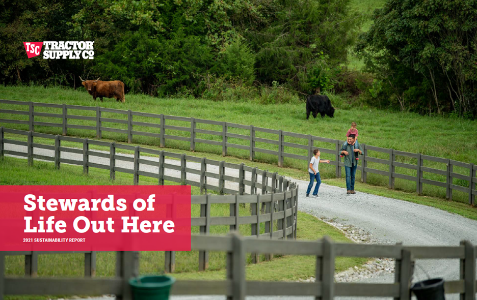Parent walking with two kids down a road on a farm. Reads " Stewards of Life Out Here. 2021 Sustainability Report"