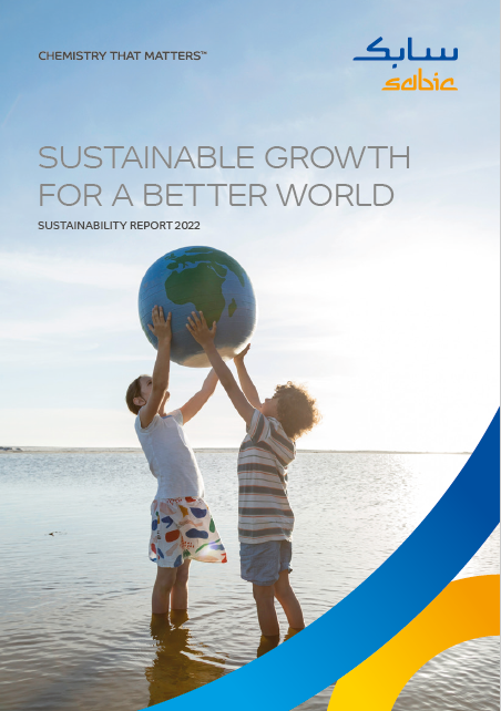 SABIC's 2022 Sustainability Report Cover, featuring a picture of two children holding a ball that looks like planet Earth
