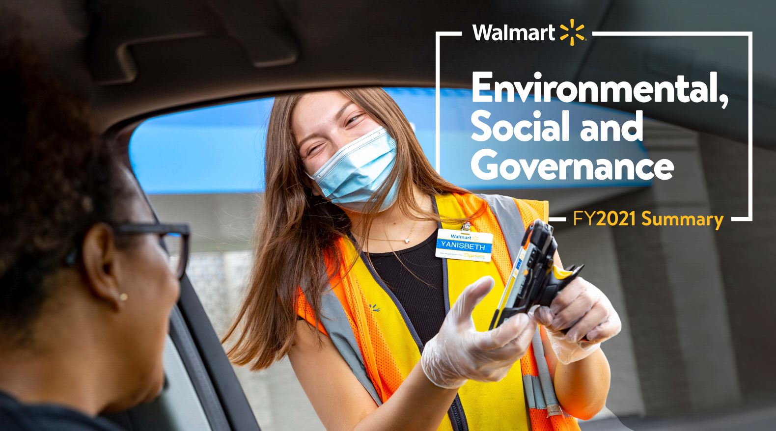 Masked Walmart employee rings up curbside pickup customer from their car. Image reads: Walmart - Environmental, Social and Governance FY2021 Summary