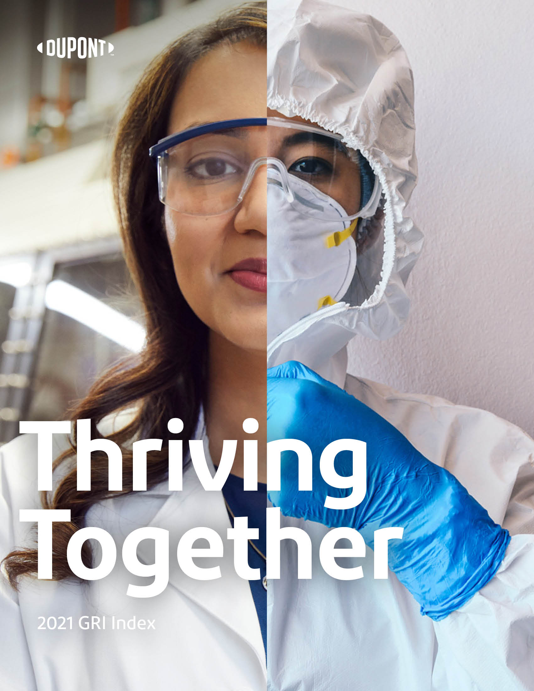 The left of a face and the right of a face of two scientists, one having PPE on